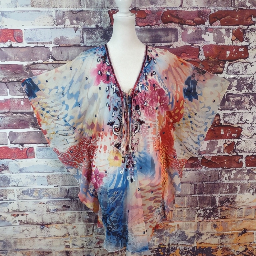 Samson Embellished Print Chiffon Caftan Top
